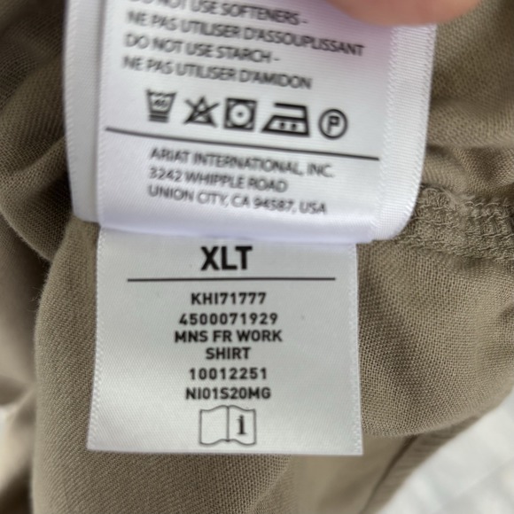 Ariat Shirt Mens XL Tall Beige FR Flame Resistant CAT 2 Button Up Durable - Picture 12 of 12